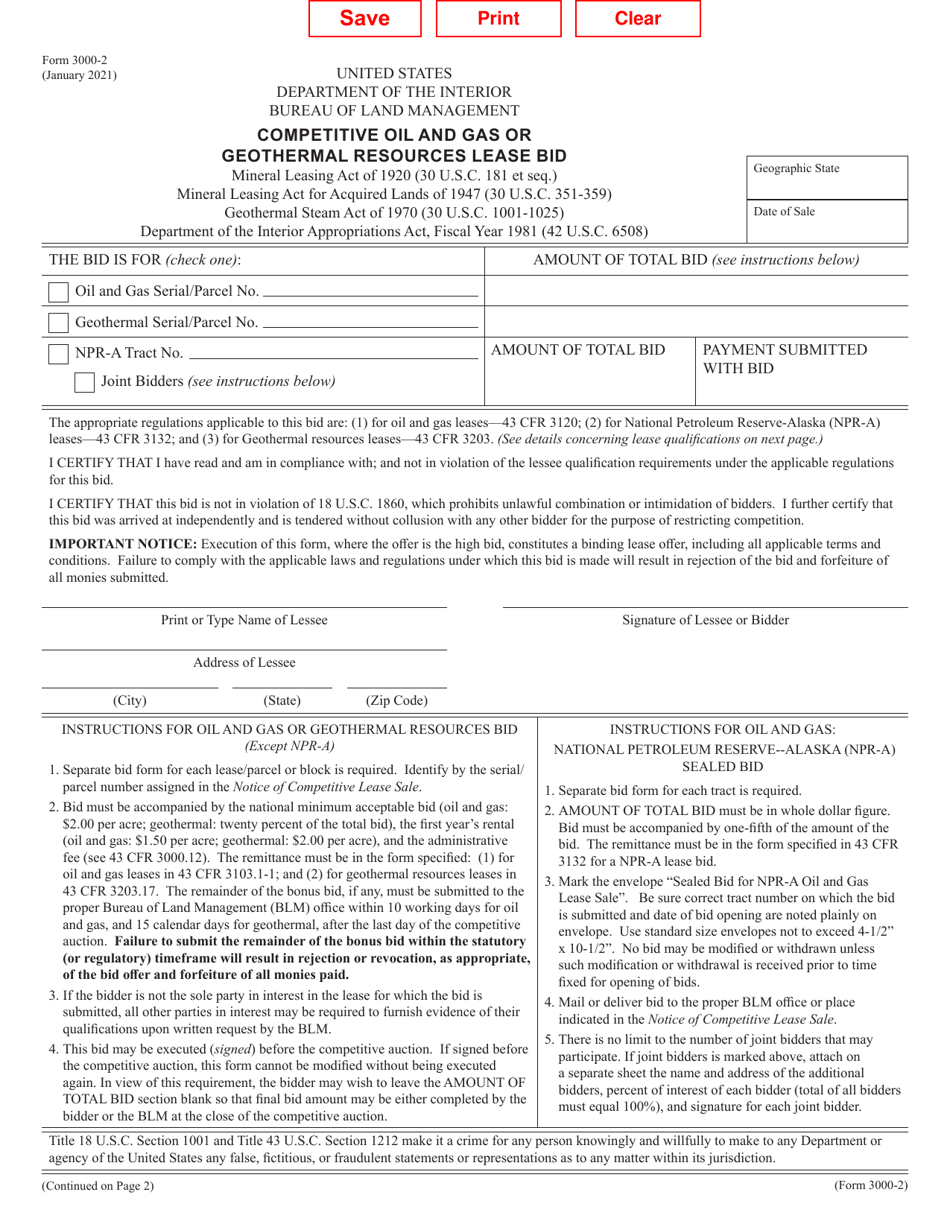 Form 3000-2 Competitive Oil and Gas or Geothermal Resources Lease Bid, Page 1