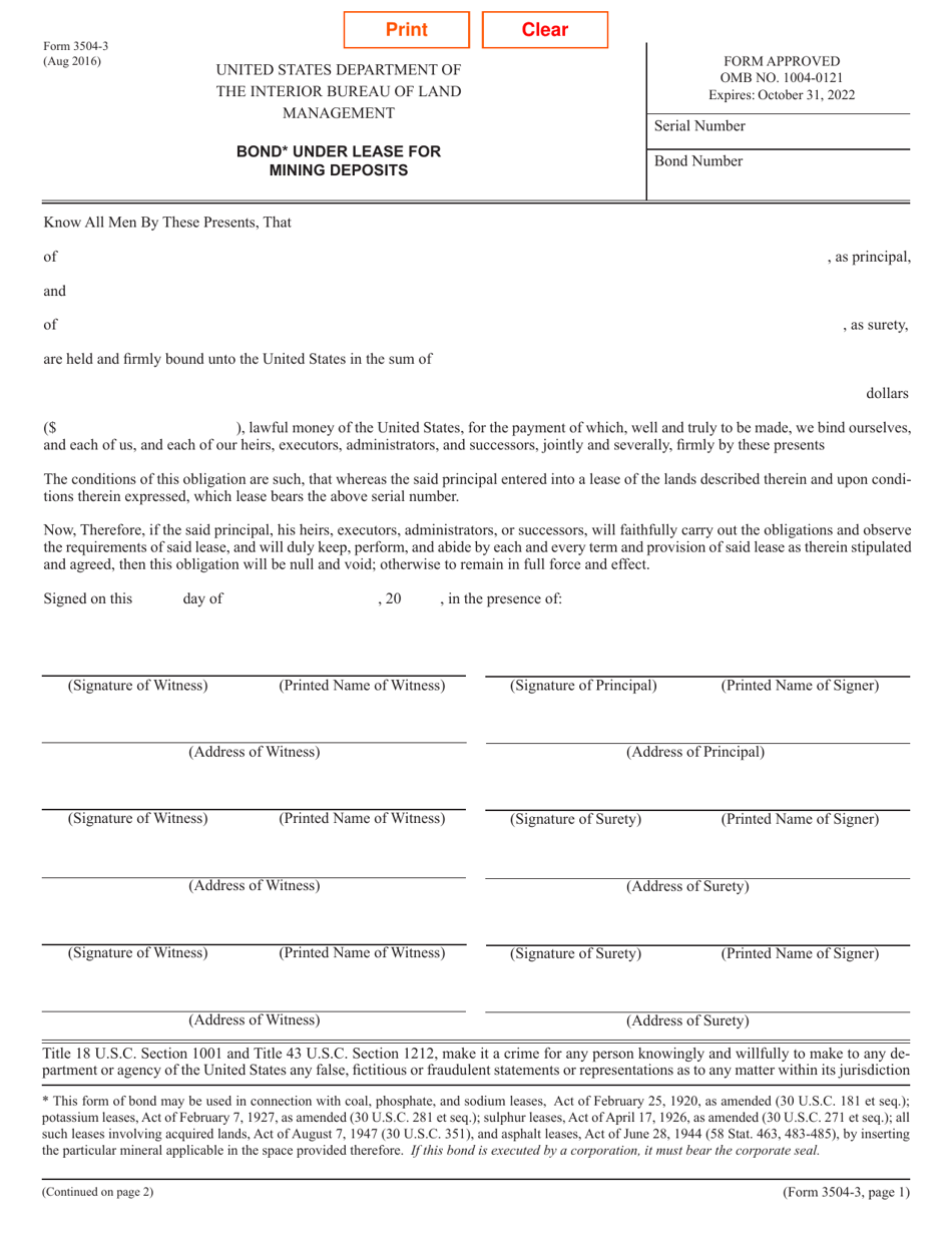 Form 3504-3 Bond Under Lease for Mining Deposits, Page 1