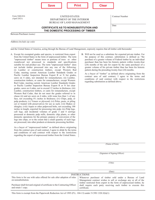 Form 5460-016 Certificate as to Nonsubstitution and the Domestic Processing of Timber
