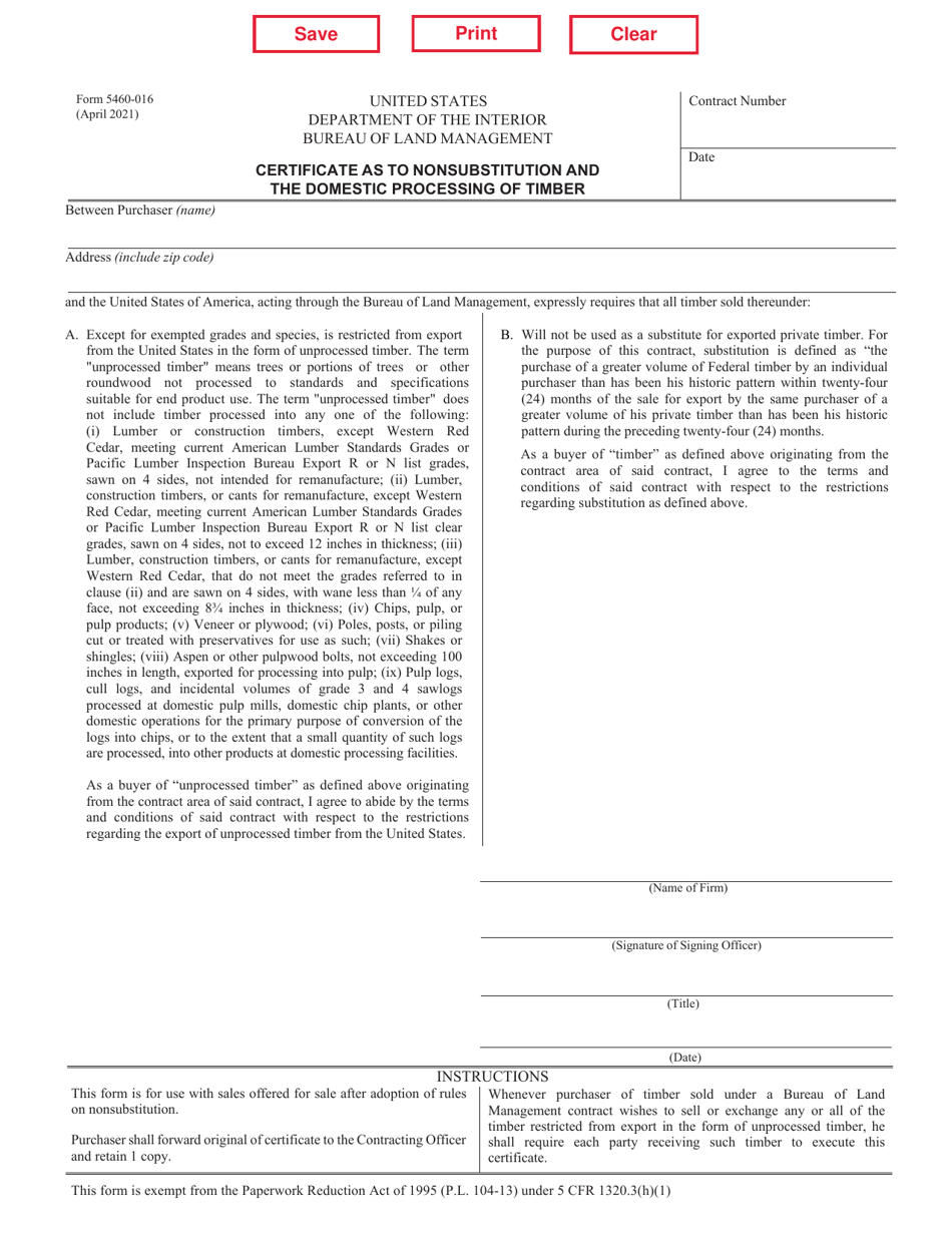 Form 5460-016 Certificate as to Nonsubstitution and the Domestic Processing of Timber, Page 1