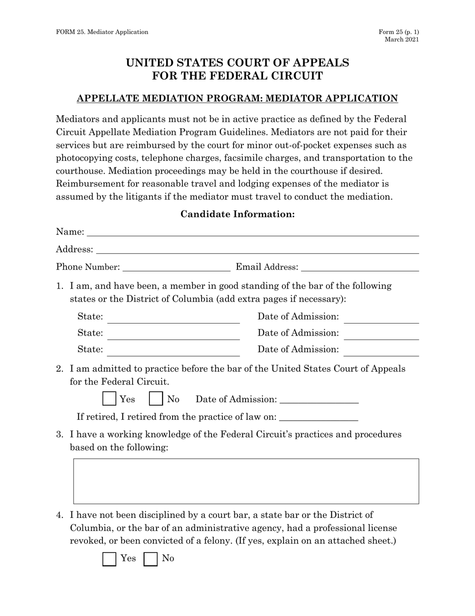 Form 25 Appellate Mediation Program: Mediator Application, Page 1