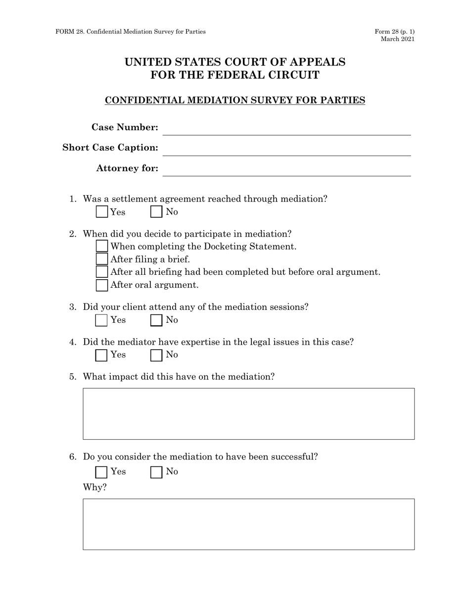 Form 28 Confidential Mediation Survey for Parties, Page 1