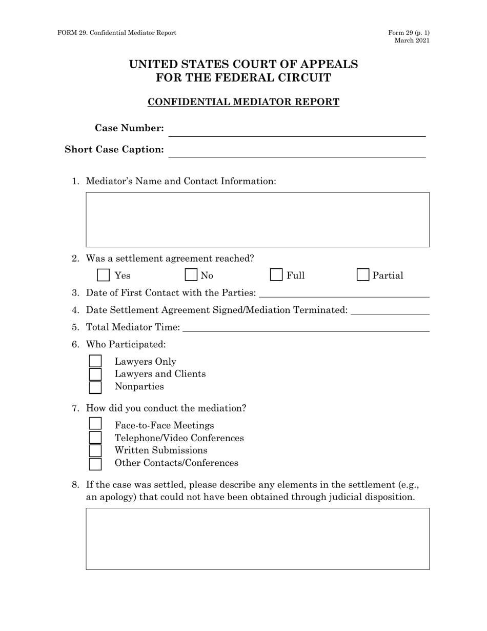 Form 29 Confidential Mediator Report, Page 1