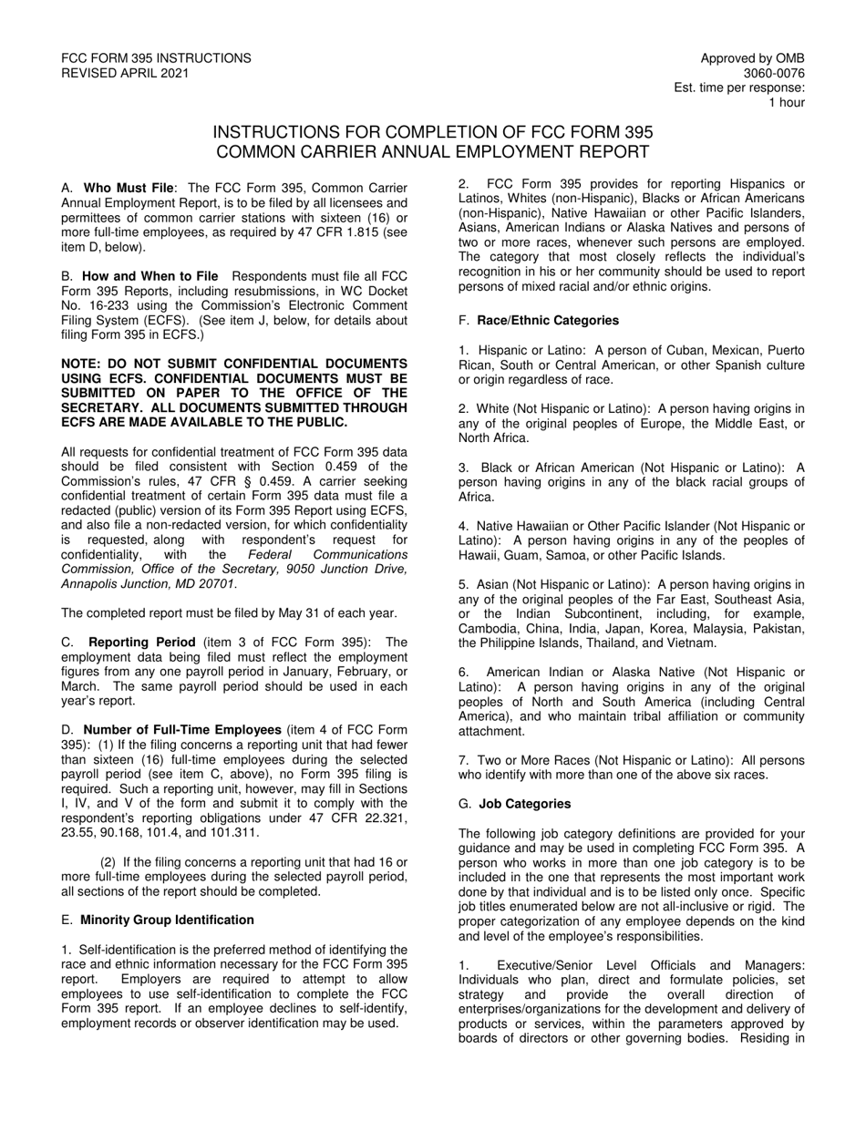 Instructions for FCC Form 395 Common Carrier Annual Employment Report, Page 1