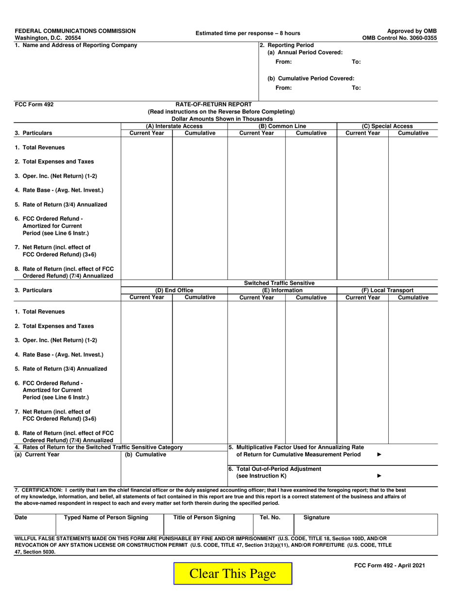 FCC Form 492 Rate-Of-Return Report, Page 1