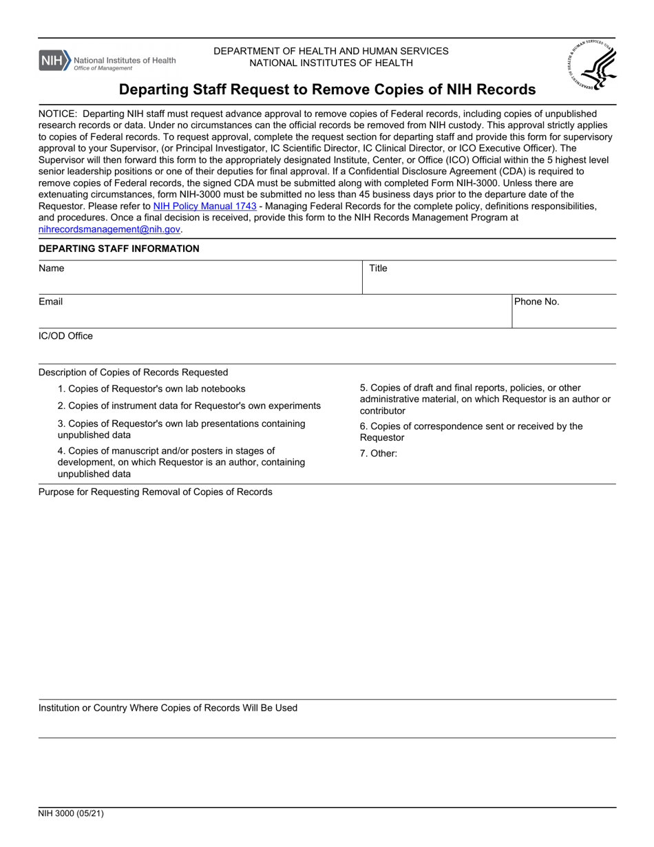 Form NIH3000 Departing Staff Request to Remove Copies of Nih Records, Page 1