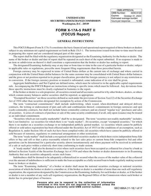 Instructions for Form X-17A-5, SEC Form 1695A Part II Focus Report