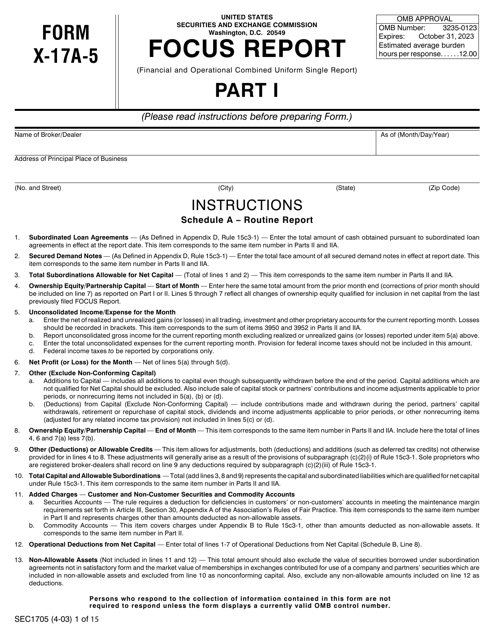 SEC Form 1705 (X-17A-5) Part I  Printable Pdf