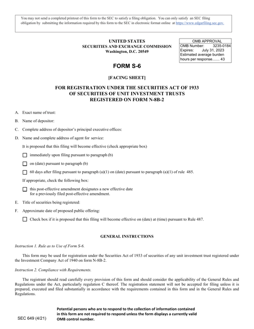 SEC Form 649 (S-6)  Printable Pdf