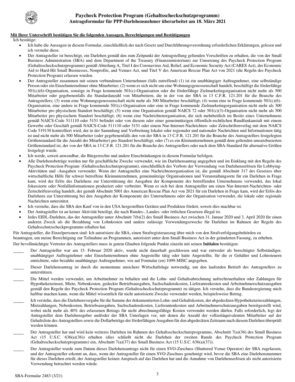 SBA Form 2483 PPP First Draw Borrower Application Form (German), Page 3