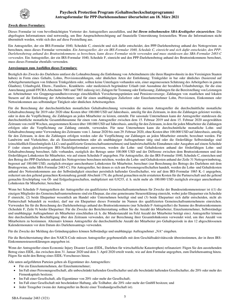 SBA Form 2483 PPP First Draw Borrower Application Form (German), Page 5