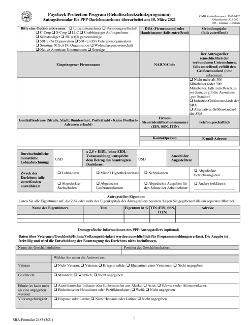 SBA Form 2483 PPP First Draw Borrower Application Form (German)