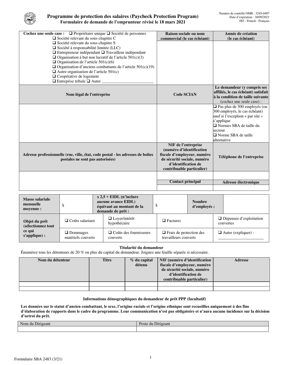 SBA Form 2483 PPP First Draw Borrower Application Form (French), Page 1