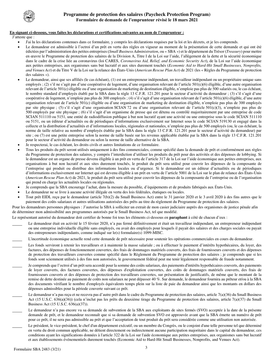 SBA Form 2483 PPP First Draw Borrower Application Form (French), Page 3