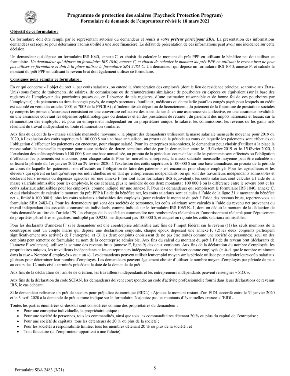 SBA Form 2483 PPP First Draw Borrower Application Form (French), Page 5