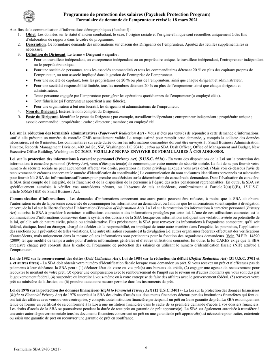 SBA Form 2483 PPP First Draw Borrower Application Form (French), Page 6