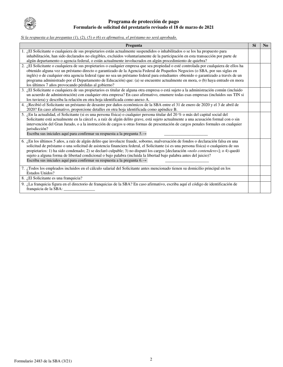 SBA Formulario 2483 Programa De Proteccion De Pago Formulario De Solicitud Del Prestatario (Spanish), Page 2