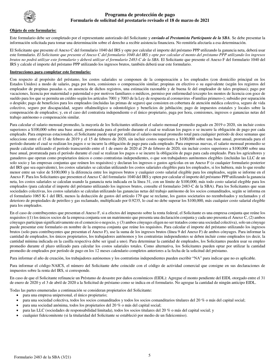 SBA Formulario 2483 Programa De Proteccion De Pago Formulario De Solicitud Del Prestatario (Spanish), Page 5