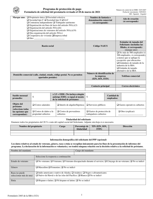 SBA Formulario 2483 Programa De Proteccion De Pago Formulario De Solicitud Del Prestatario (Spanish)