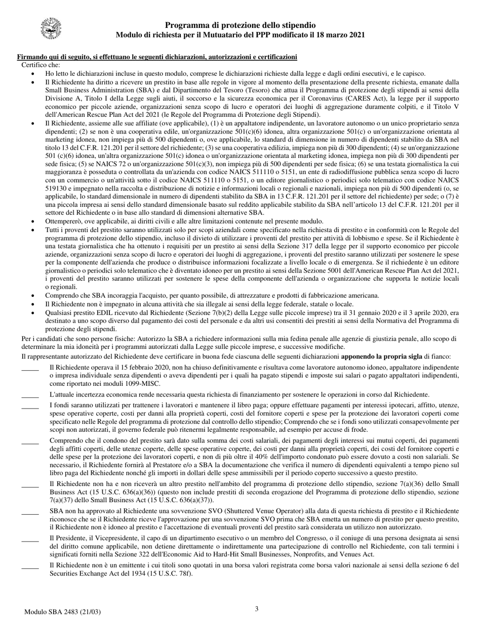 SBA Form 2483 PPP First Draw Borrower Application Form (Italian), Page 3