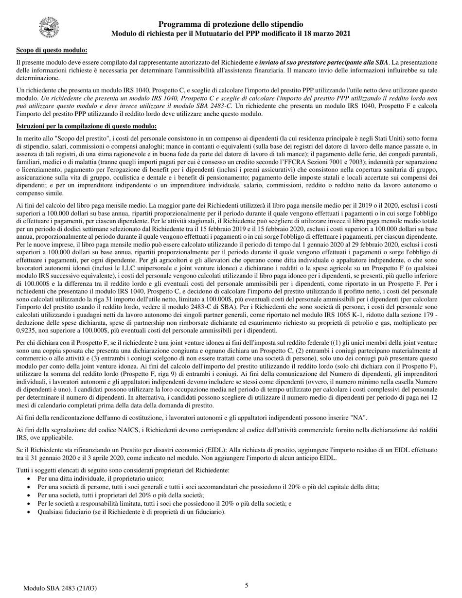 SBA Form 2483 PPP First Draw Borrower Application Form (Italian), Page 5