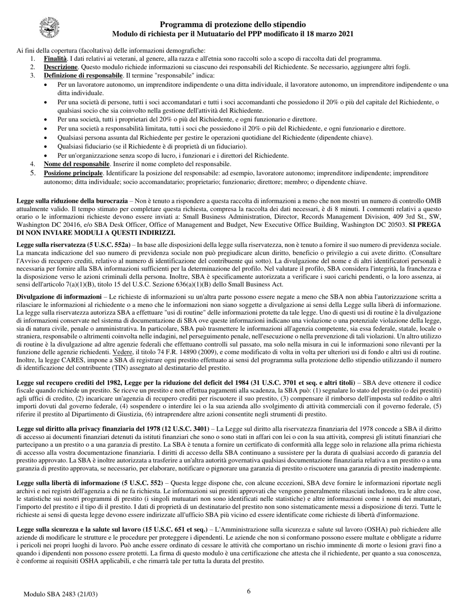 SBA Form 2483 PPP First Draw Borrower Application Form (Italian), Page 6