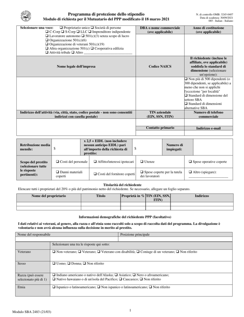 SBA Form 2483 PPP First Draw Borrower Application Form (Italian)