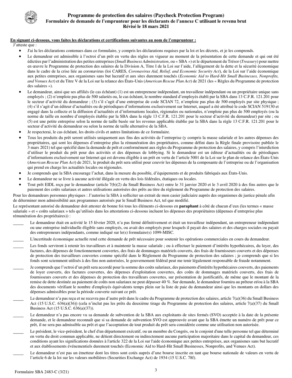 SBA Form 2483-C First Draw Borrower Application Form for Schedule C Filers Using Gross Income (French), Page 3