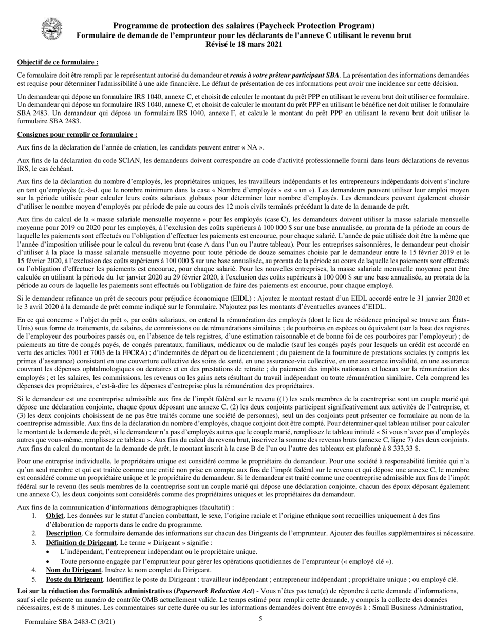 SBA Form 2483-C First Draw Borrower Application Form for Schedule C Filers Using Gross Income (French), Page 5