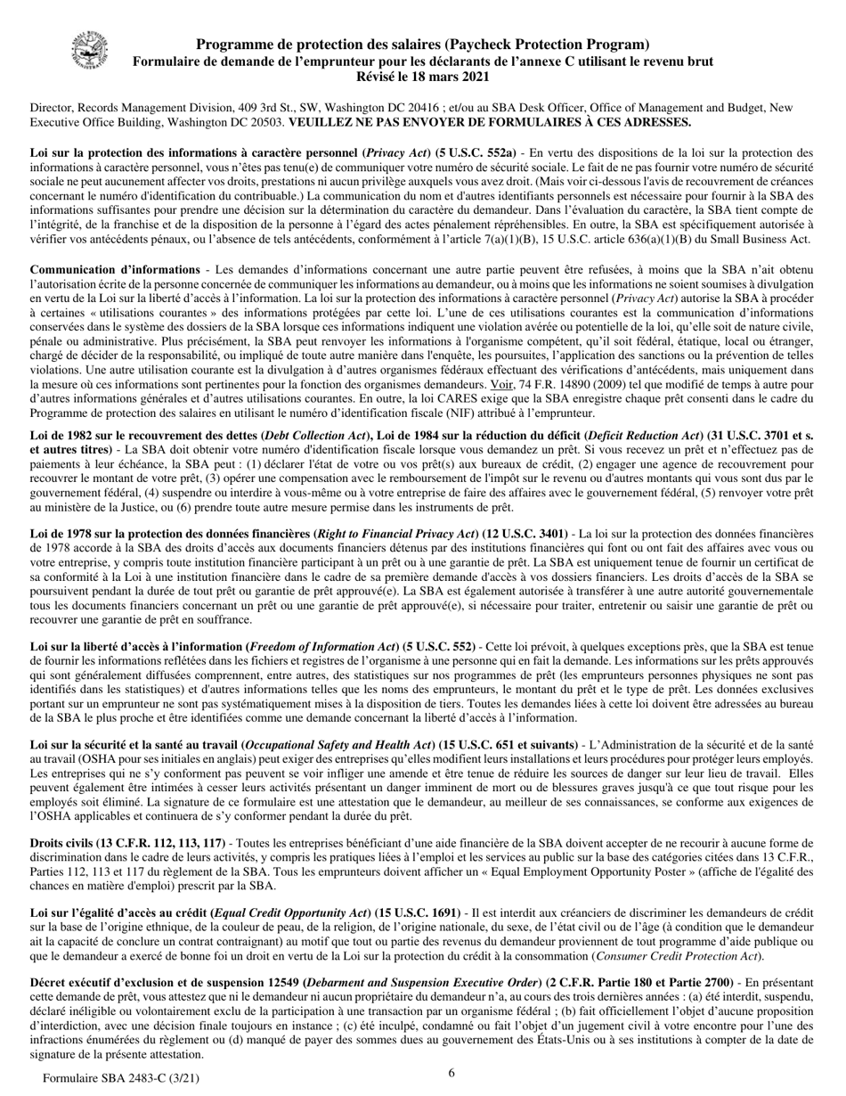 SBA Form 2483-C First Draw Borrower Application Form for Schedule C Filers Using Gross Income (French), Page 6