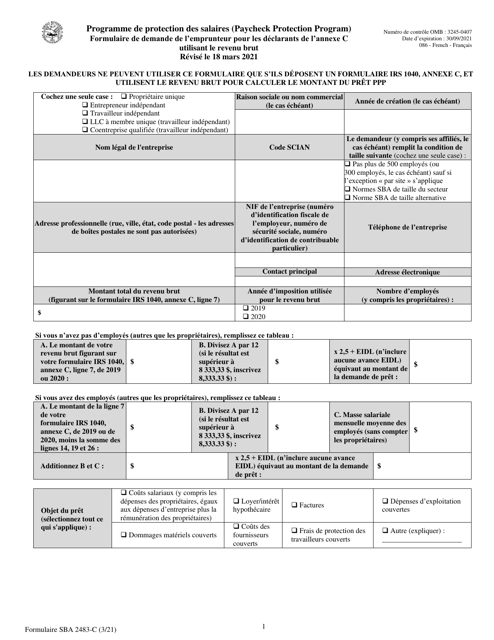 SBA Form 2483-C First Draw Borrower Application Form for Schedule C Filers Using Gross Income (French)