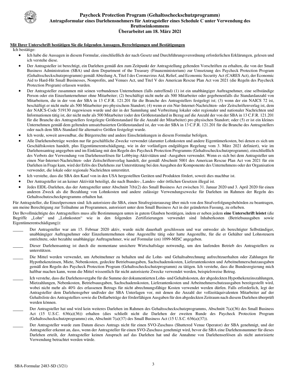 SBA Form 2483-C First Draw Borrower Application Form for Schedule C Filers Using Gross Income (German), Page 3