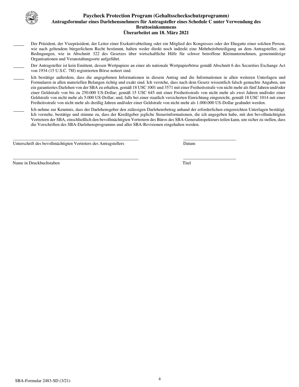 SBA Form 2483-C First Draw Borrower Application Form for Schedule C Filers Using Gross Income (German), Page 4