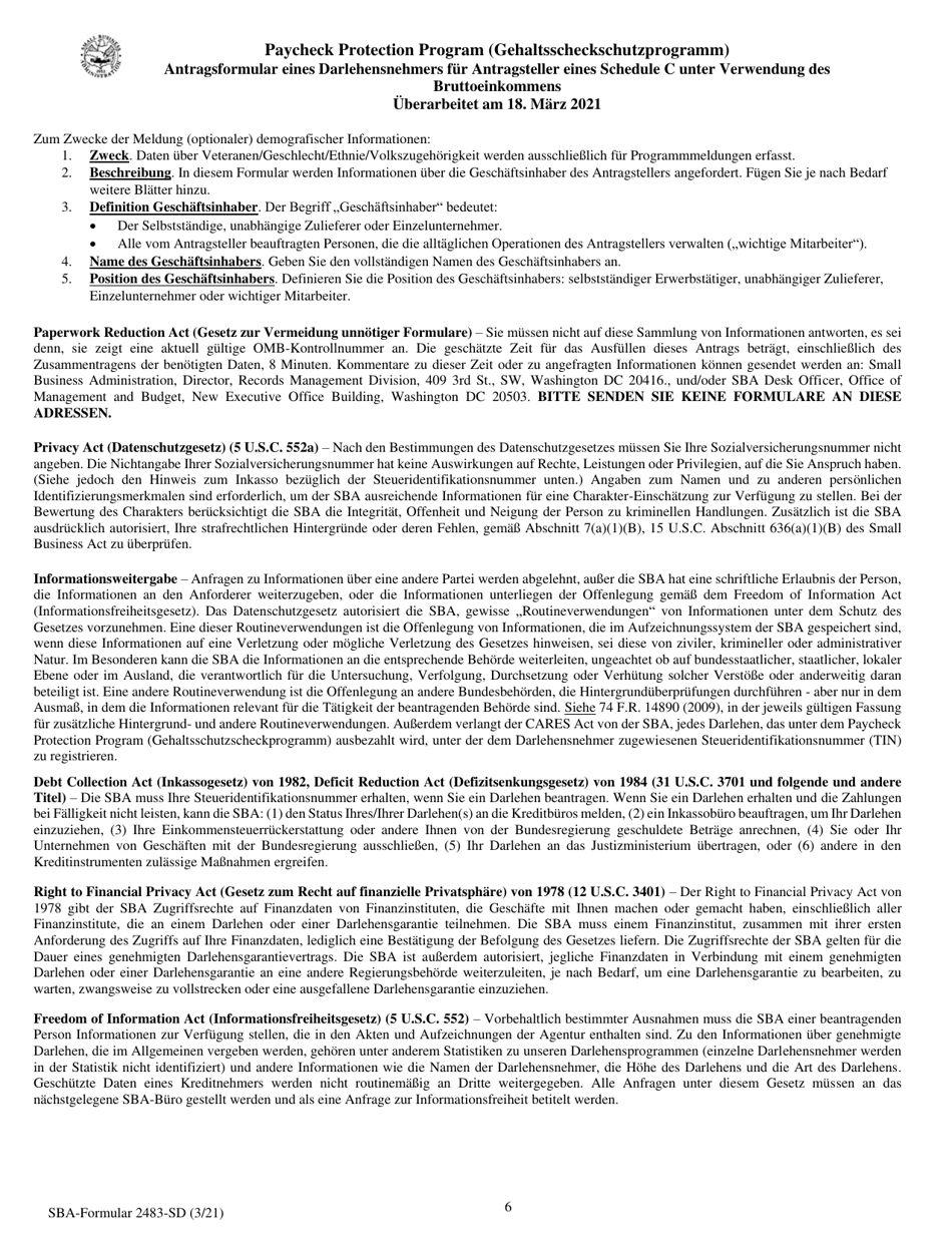 SBA Form 2483-C First Draw Borrower Application Form for Schedule C Filers Using Gross Income (German), Page 6