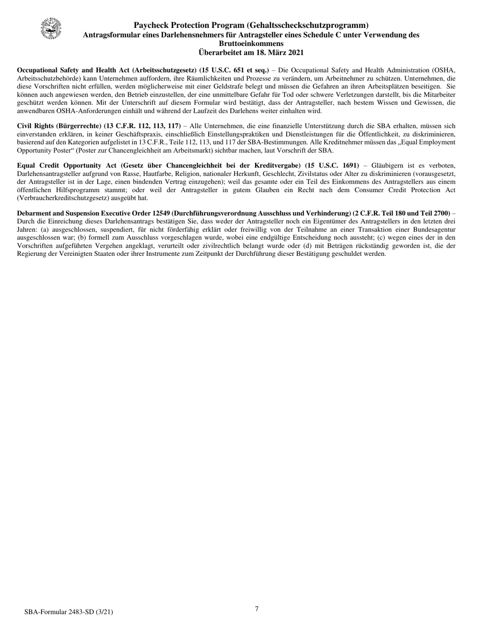 SBA Form 2483-C First Draw Borrower Application Form for Schedule C Filers Using Gross Income (German), Page 7