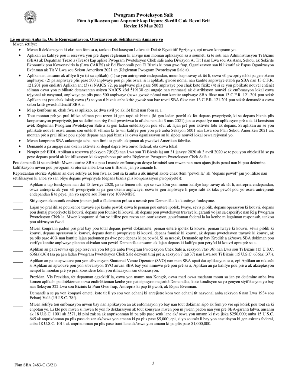 SBA Form 2483-C First Draw Borrower Application Form for Schedule C Filers Using Gross Income (Haitian Creole), Page 3