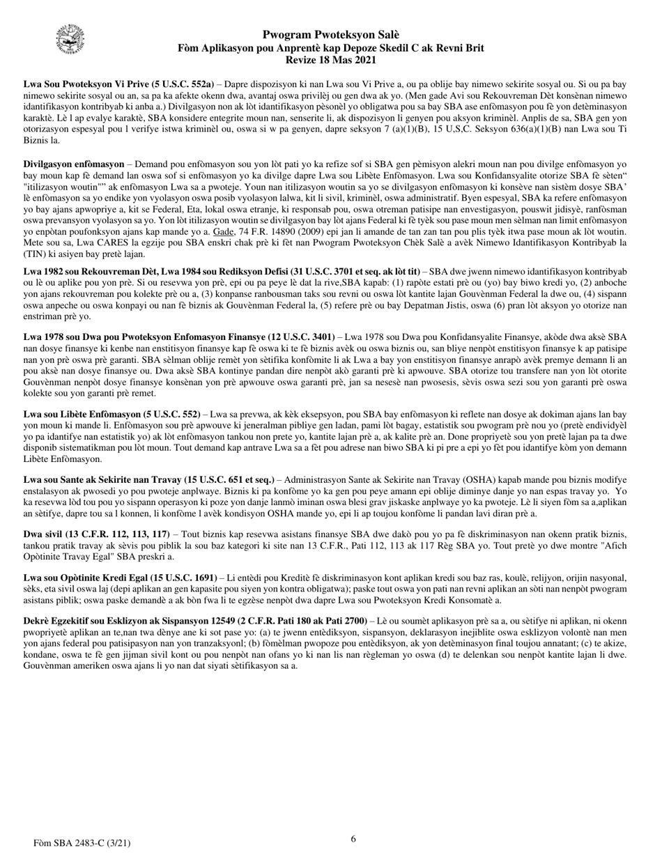 SBA Form 2483-C First Draw Borrower Application Form for Schedule C Filers Using Gross Income (Haitian Creole), Page 6