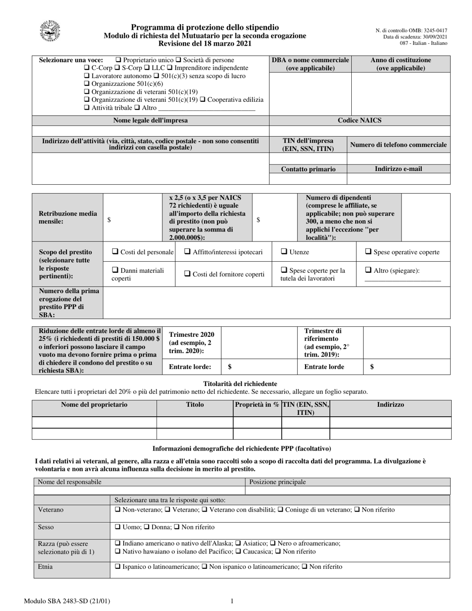 SBA Form 2483-SD PPP Second Draw Borrower Application Form (Italian), Page 1