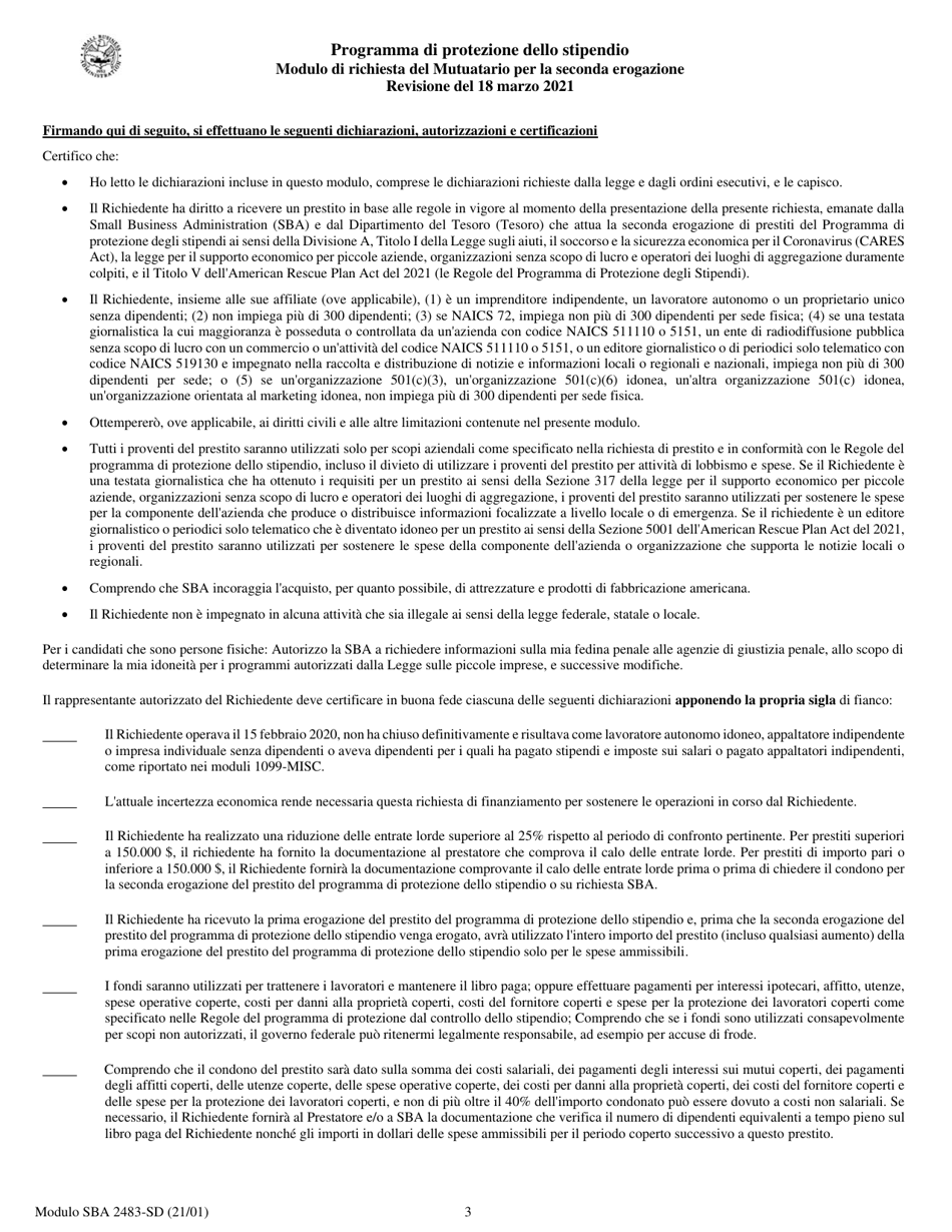 SBA Form 2483-SD PPP Second Draw Borrower Application Form (Italian), Page 3
