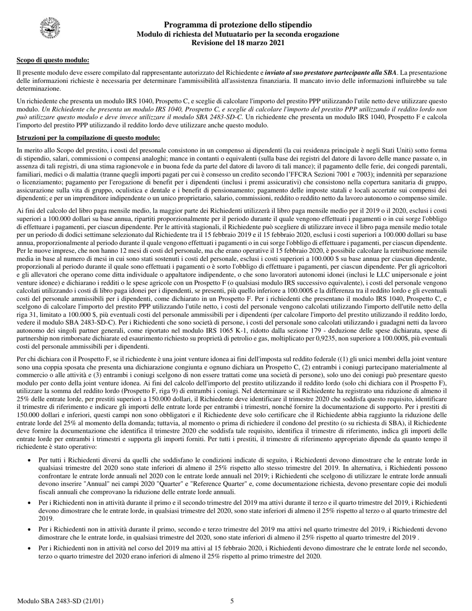 SBA Form 2483-SD PPP Second Draw Borrower Application Form (Italian), Page 5