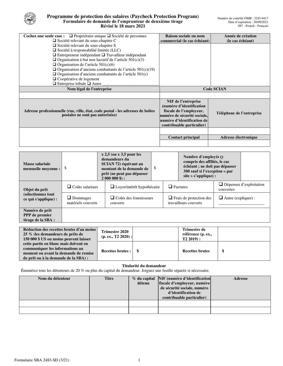 SBA Form 2483-SD PPP Second Draw Borrower Application Form (French), Page 1