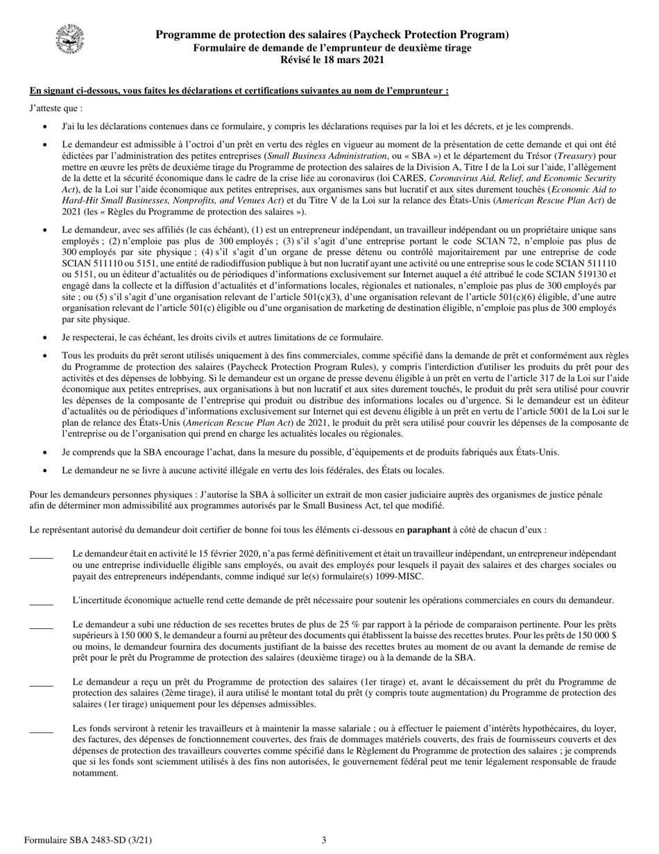 SBA Form 2483-SD PPP Second Draw Borrower Application Form (French), Page 3