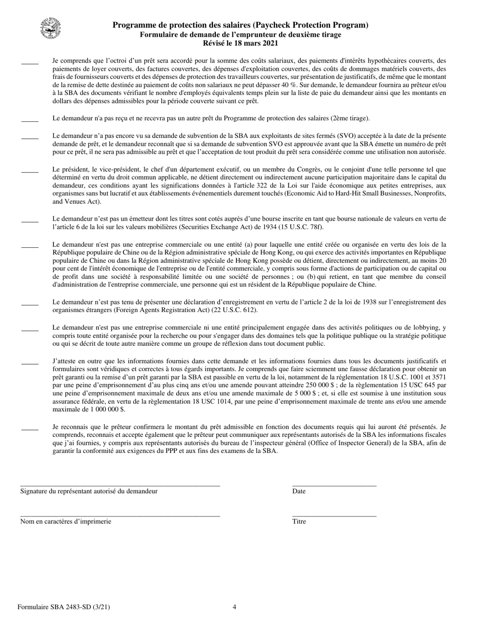 SBA Form 2483-SD PPP Second Draw Borrower Application Form (French), Page 4