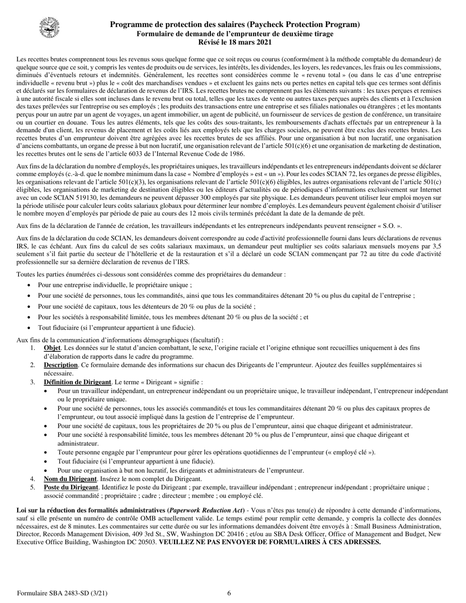 SBA Form 2483-SD PPP Second Draw Borrower Application Form (French), Page 6