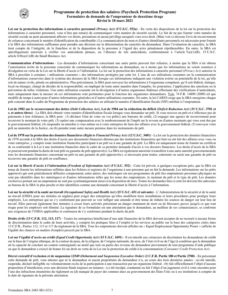 SBA Form 2483-SD PPP Second Draw Borrower Application Form (French), Page 7