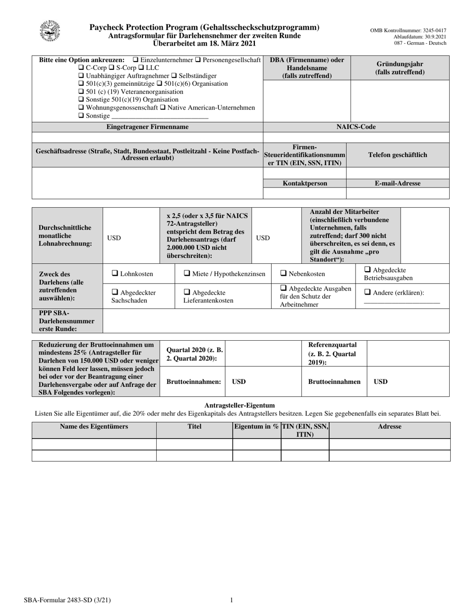 SBA Form 2483-SD PPP Second Draw Borrower Application Form (German), Page 1