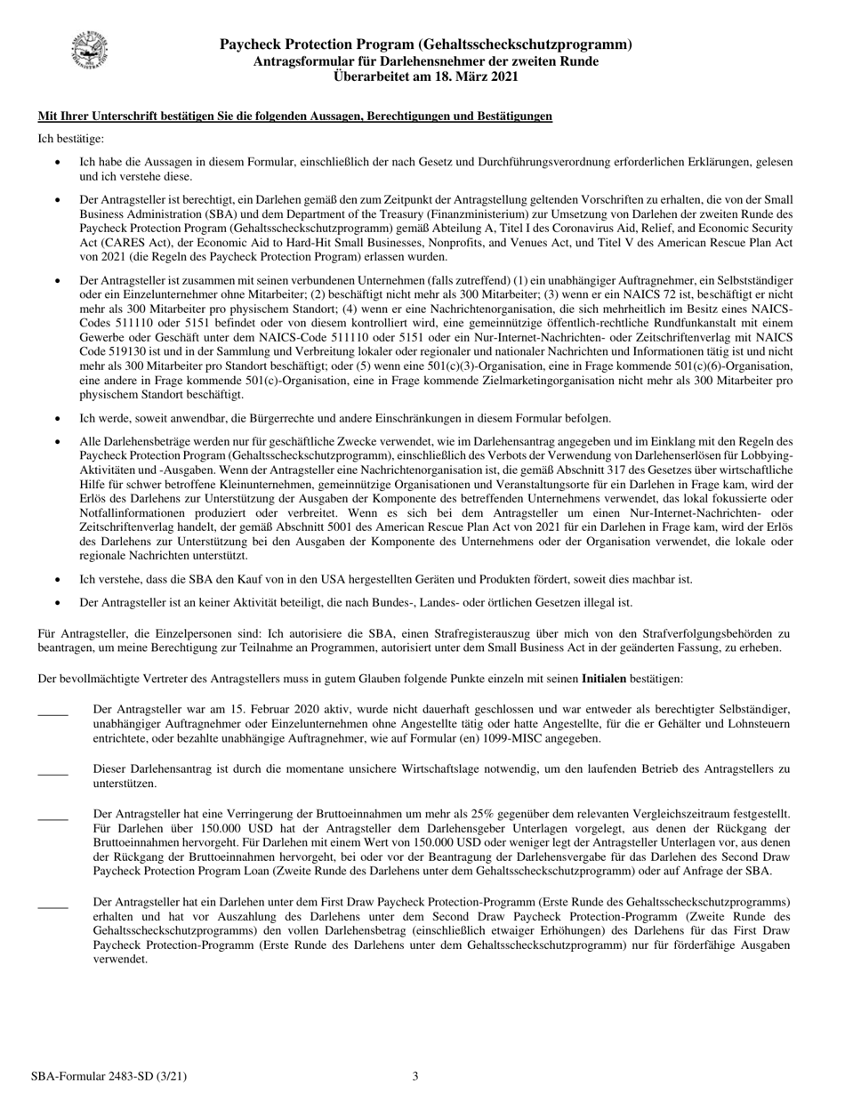 SBA Form 2483-SD PPP Second Draw Borrower Application Form (German), Page 3