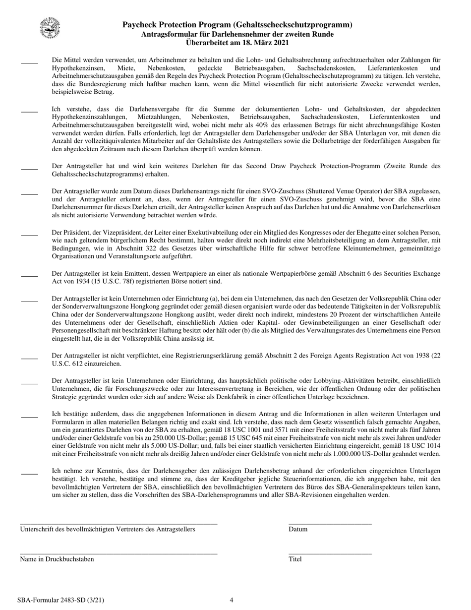 SBA Form 2483-SD PPP Second Draw Borrower Application Form (German), Page 4
