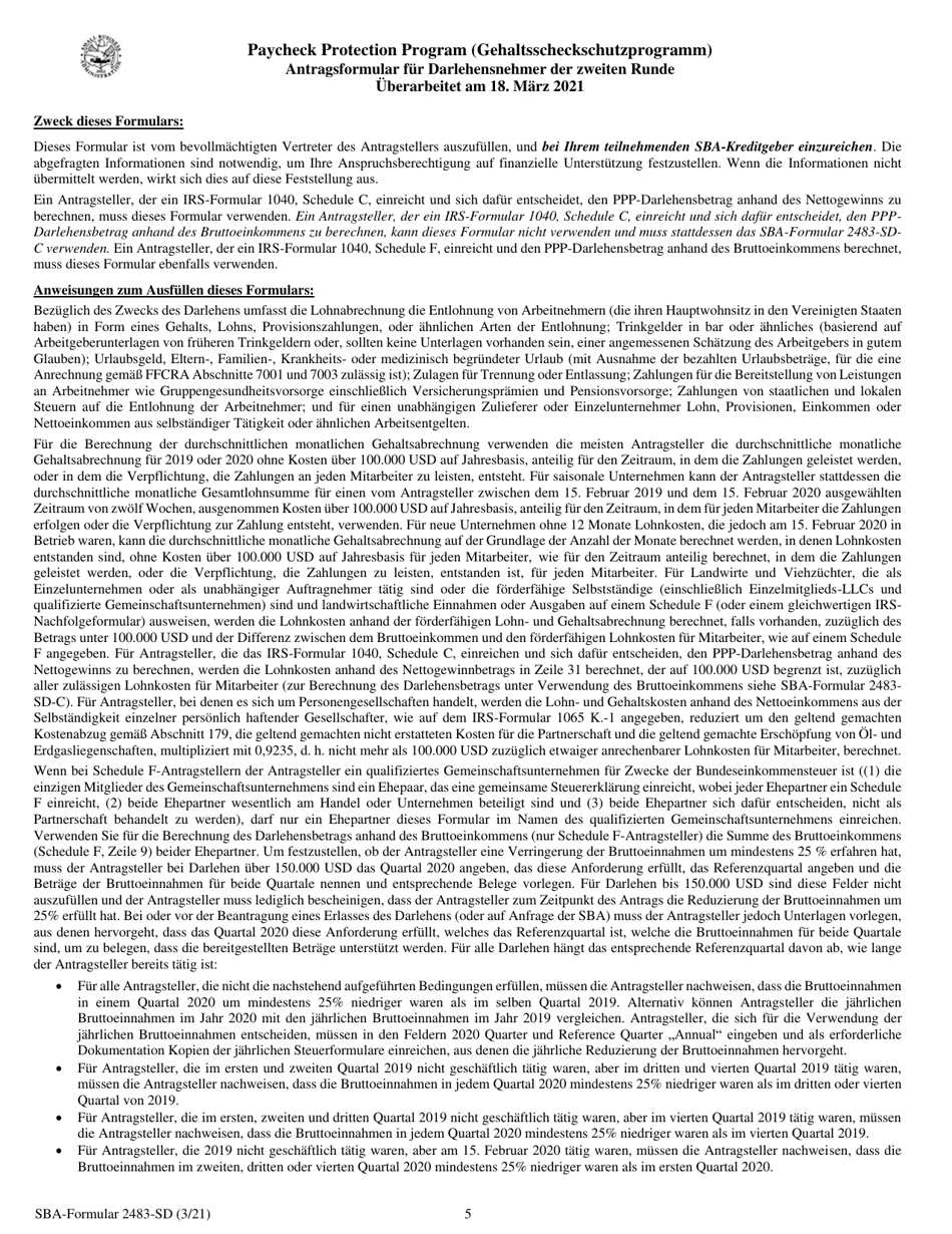 SBA Form 2483-SD PPP Second Draw Borrower Application Form (German), Page 5