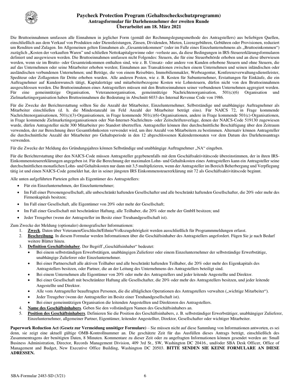 SBA Form 2483-SD PPP Second Draw Borrower Application Form (German), Page 6